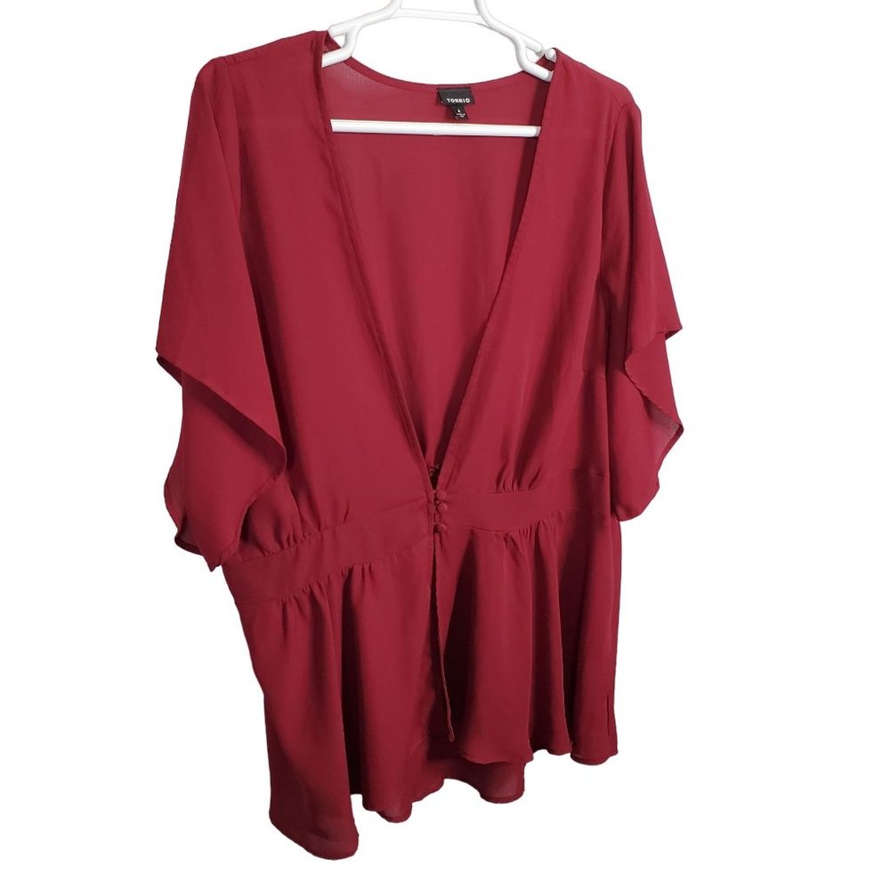 Torrid 4 Size 4X Blouse Jacket Georgette Bell Sleeve Smocked Stretch Waist Red